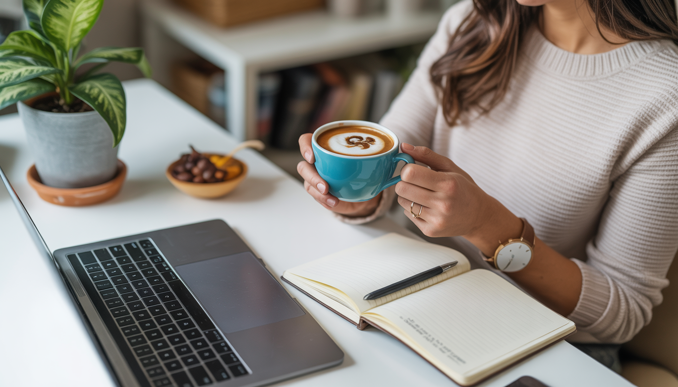 Young professional drinking La Republica Superfoods mushroom coffee at a home office desk with a laptop, notebook, and plant, conveying a relaxed and health-focused atmosphere.