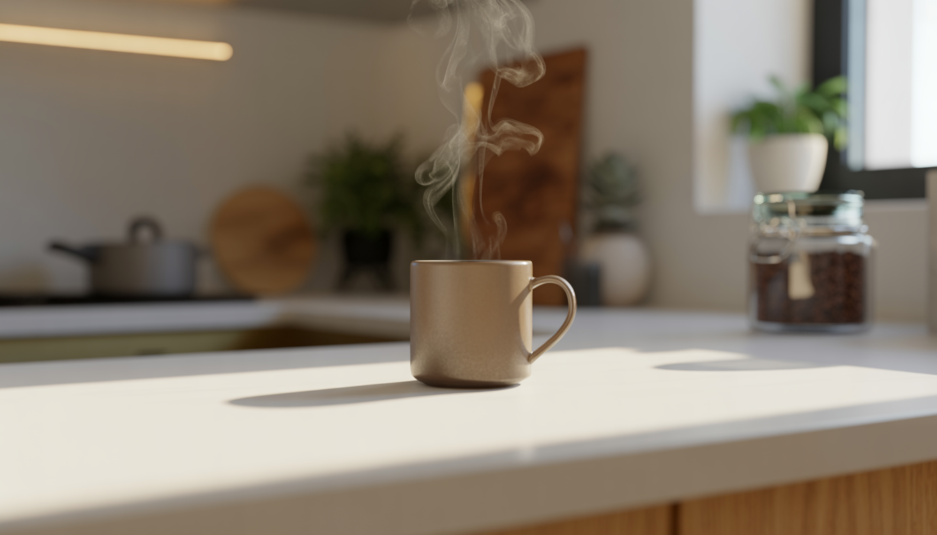 A close-up of a steaming cup of La Republica's instant mushroom coffee on a white countertop, with a modern kitchen and kitchen items like a plant, cutting board, and coffee beans jar in the background.