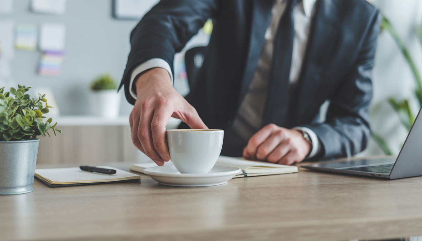A busy professional in a modern workspace reaching for a cup of coffee, surrounded by a laptop, notepad, and a small plant, highlighting focus and productivity.