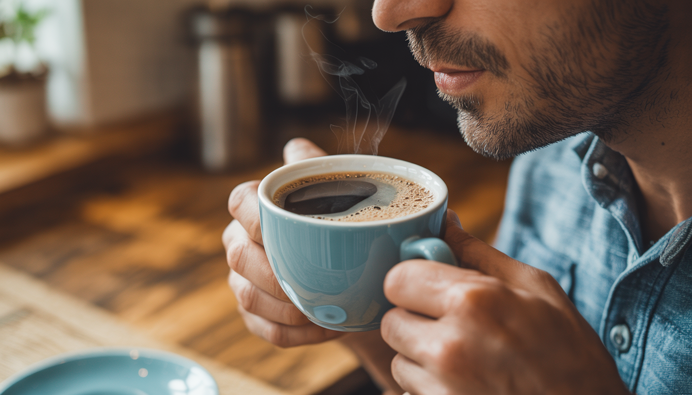 Close-up of a man sipping a steaming cup of mushroom coffee, with warm kitchen lighting highlighting the scene.