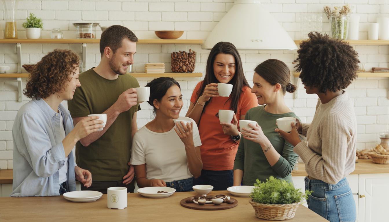 Diverse group of people enjoying La Republica mushroom coffee in a modern kitchen, emphasizing community and wellness.