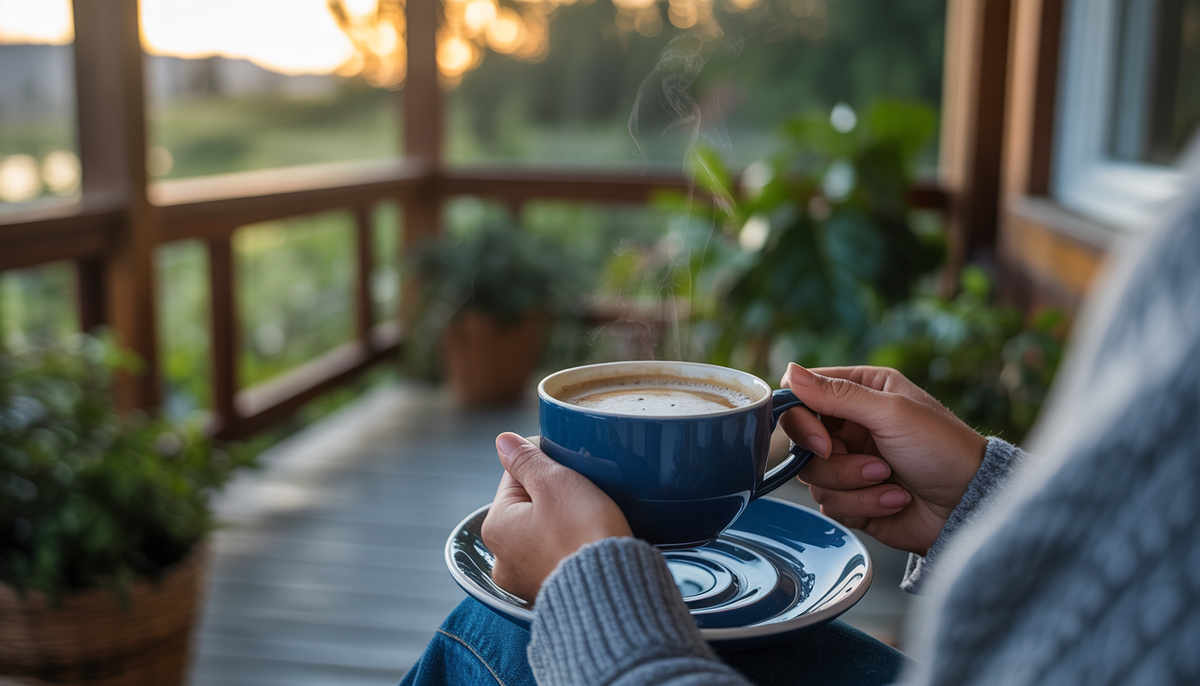 A person on a cozy front porch holding a steaming cup of coffee, surrounded by lush greenery and bathed in gentle morning light, capturing a moment of relaxation and wellness.