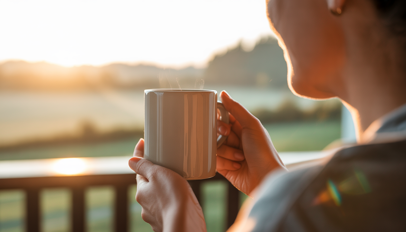 A person sitting on a balcony, enjoying a cup of coffee while overlooking a tranquil landscape with sunlight streaming in, creating a serene and relaxing atmosphere.