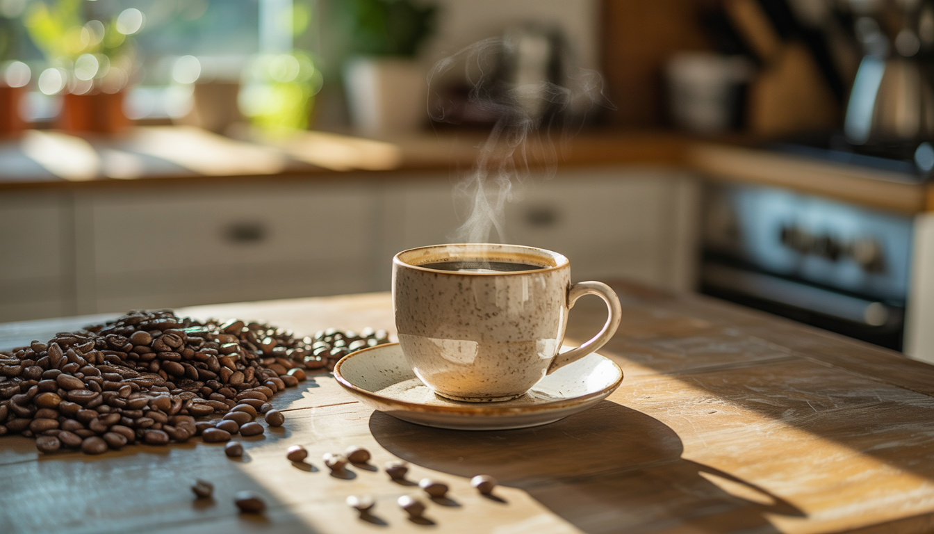 A sunlit kitchen table featuring a steaming cup of coffee surrounded by scattered Arabica beans, symbolizing a healthy and invigorating morning routine.