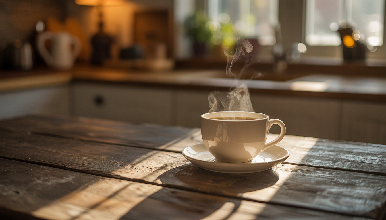 A steaming cup of coffee on a wooden table in a cozy kitchen with warm lighting, suggesting a peaceful morning routine.