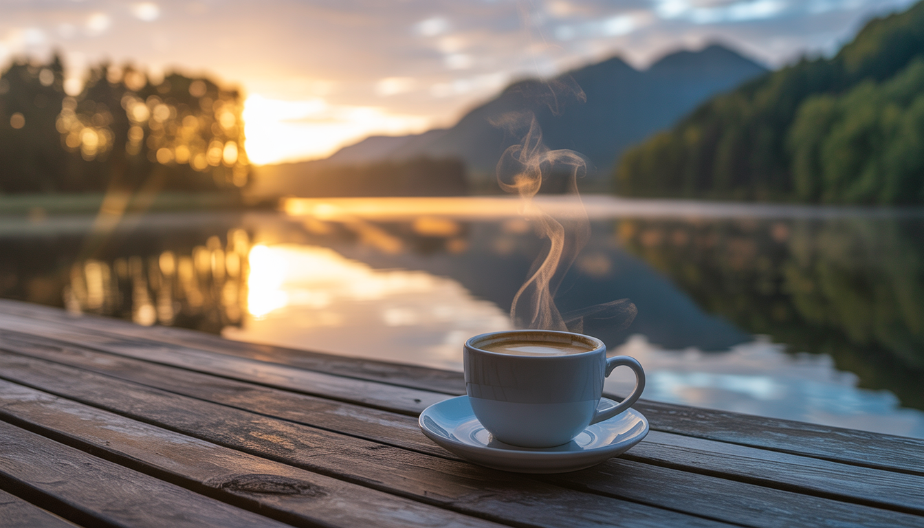 A steaming cup of coffee sits on a wooden deck with a tranquil lake and sunrise in the background, symbolizing relaxation and mental clarity.
