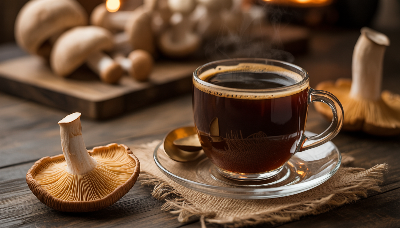 A steaming cup of decaf mushroom coffee on a wooden table with reishi and lion's mane mushrooms around it, under warm lighting.