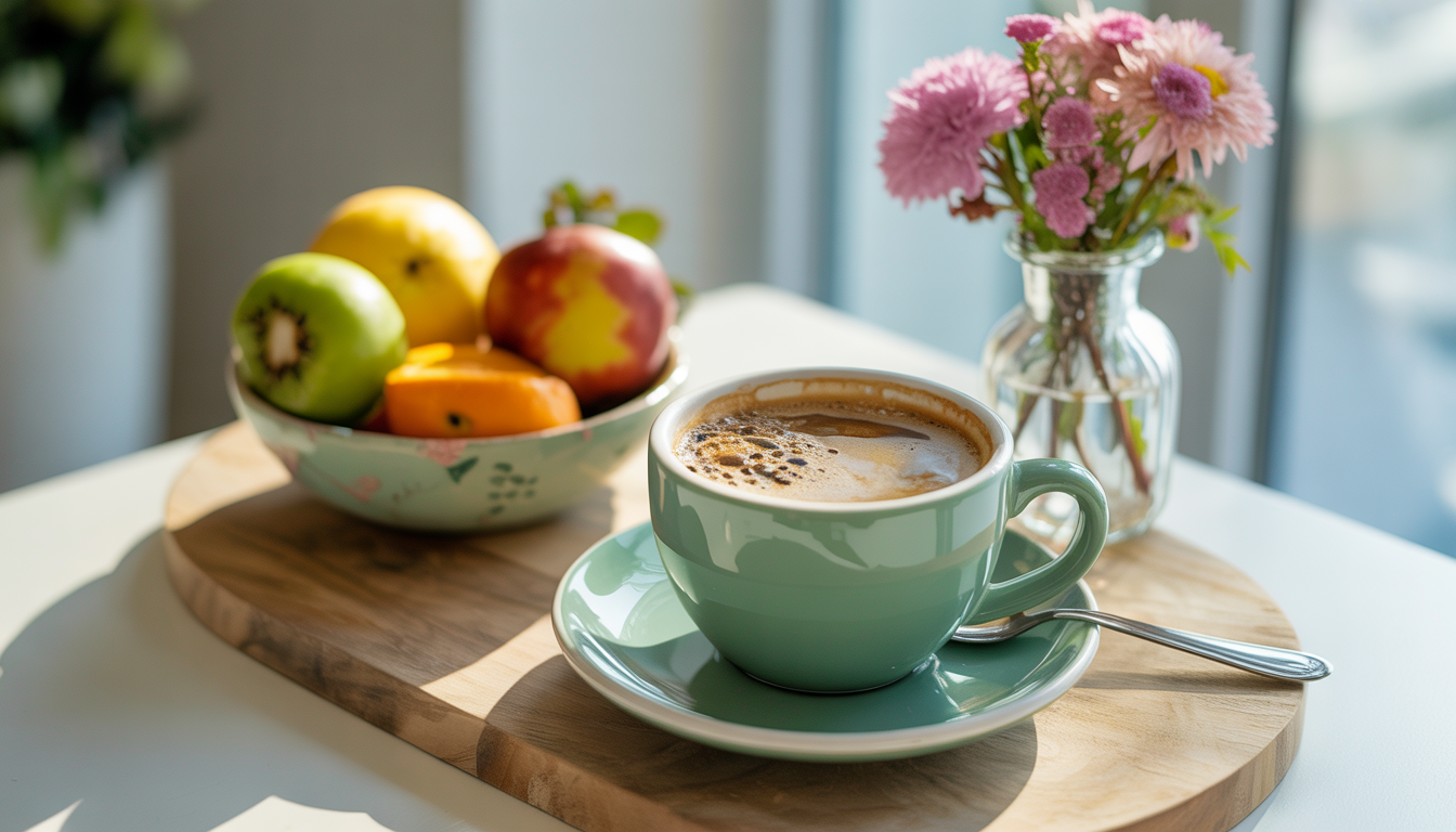 A cup of decaf mushroom coffee next to a small bowl of fresh fruits and a vase with flowers, in a bright and health-focused breakfast scene.