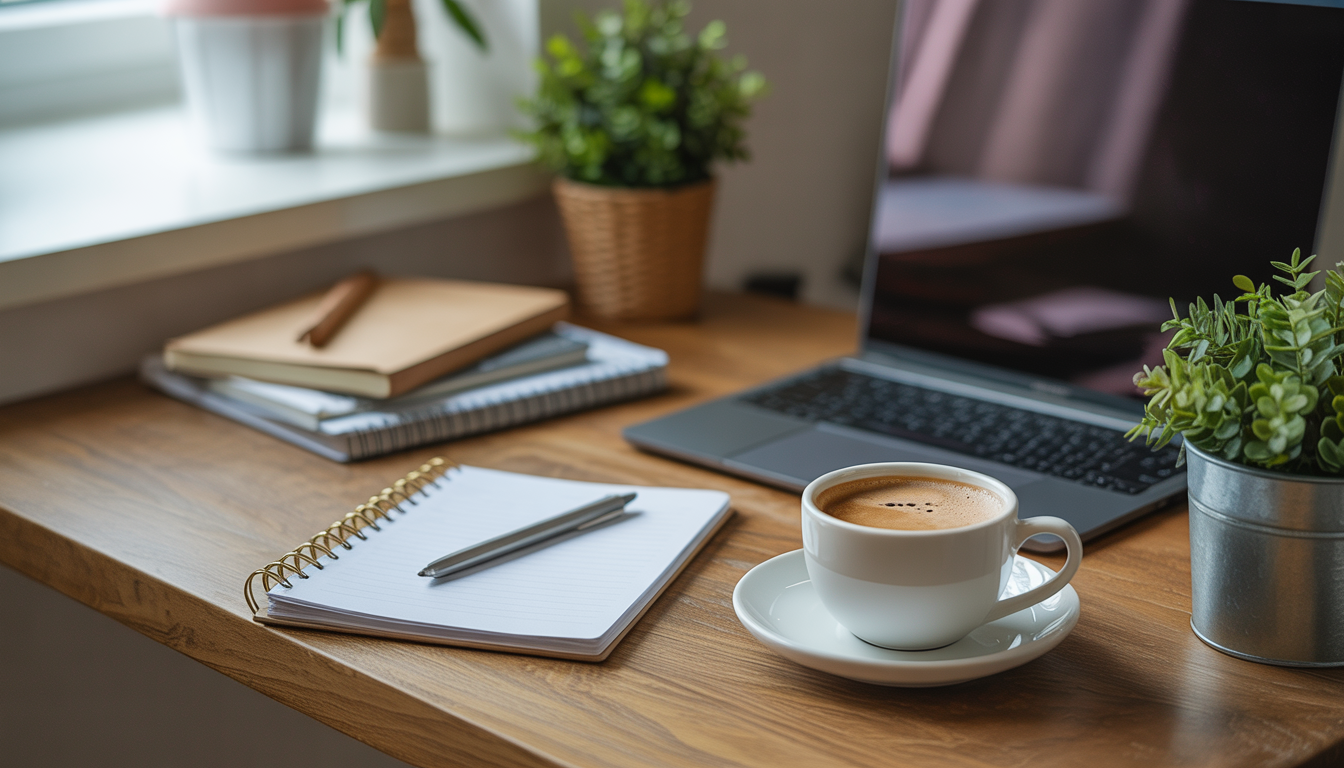 A home office desk with instant mushroom coffee, laptop, and notepad, symbolizing productivity and focus.