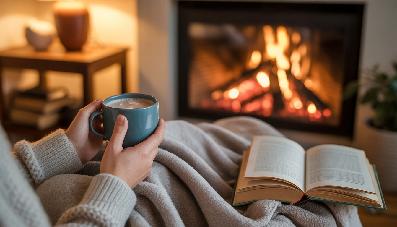 A person relaxes in a cozy living room, sipping hot cocoa by the fireplace, surrounded by a soft blanket and a book, creating a warm and comforting atmosphere.