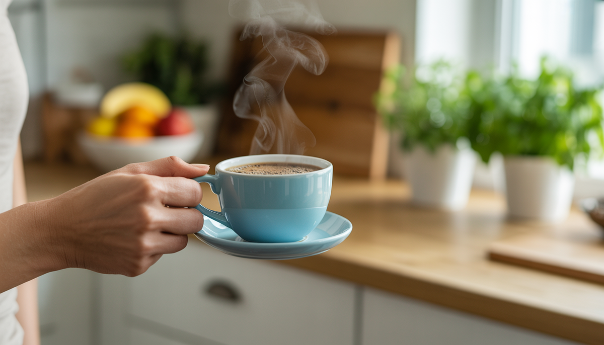 A person holds a steaming cup of instant mushroom coffee in a bright kitchen, with natural light illuminating a fruit bowl and potted herbs, conveying health and wellness.