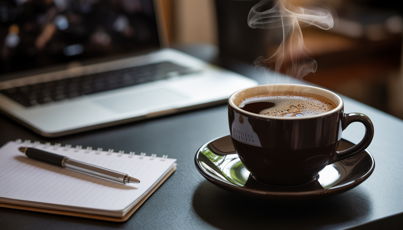A steaming cup of mushroom-infused coffee on a work desk with a laptop, notepad, and pen, highlighting a professional and health-focused setting.