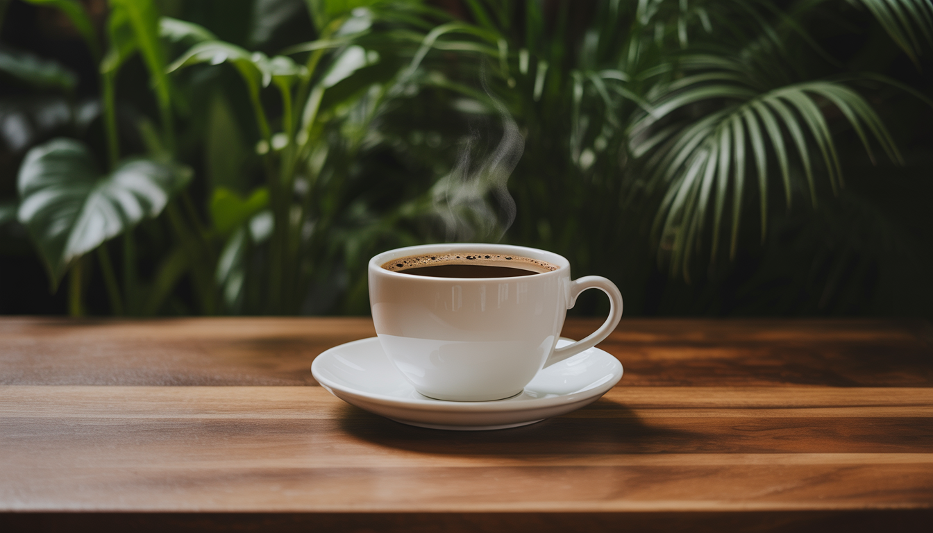 A steaming cup of decaf mushroom coffee on a wooden table, set against a backdrop of lush green plants, symbolizing natural energy and wellness.