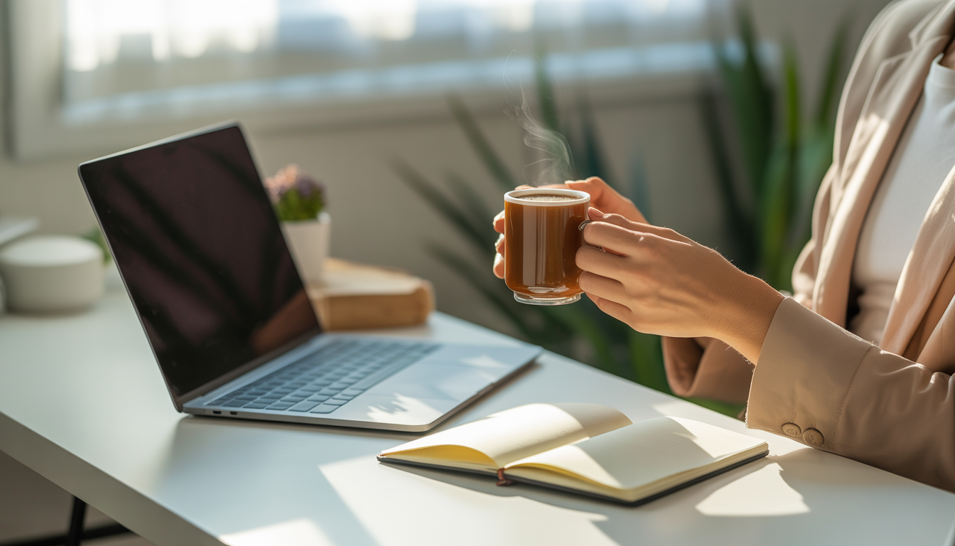 A person holding a cup of instant mushroom coffee in a professional morning setting, with a laptop and notebook on a desk, illuminated by soft morning light.
