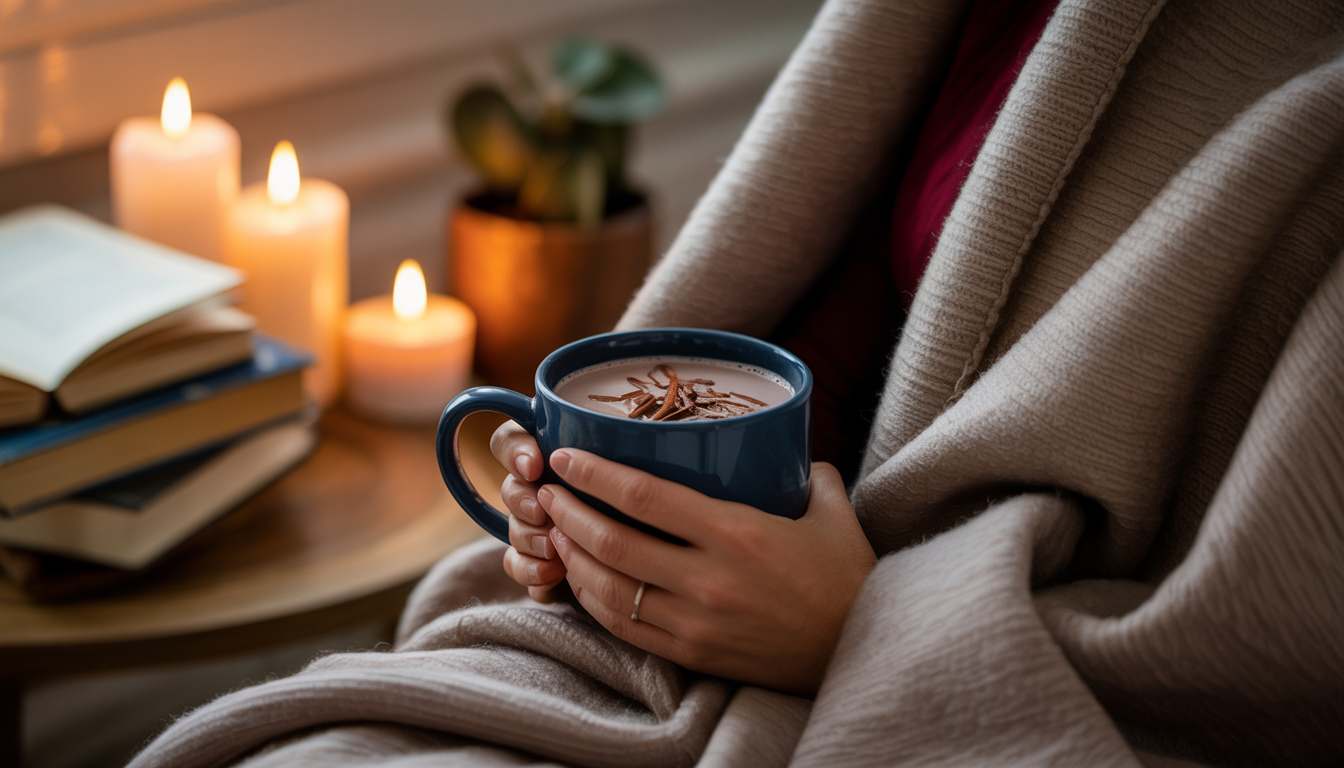 A person wrapped in a blanket enjoying hot chocolate in a tranquil home setting, surrounded by softly lit candles and books, conveying relaxation and calmness.