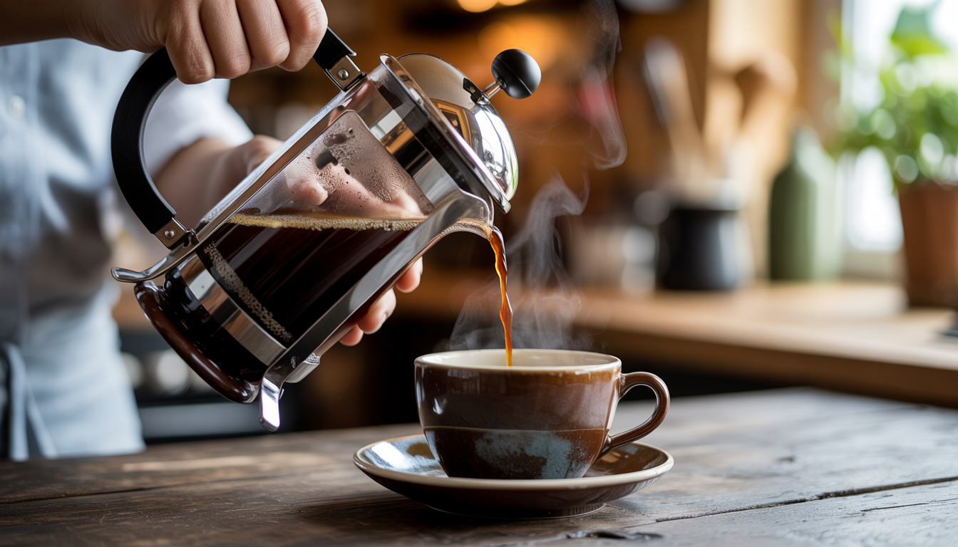 Close-up of hands pouring mushroom coffee from a French press into a ceramic cup on a wooden table, with steam rising in a warmly lit kitchen.
